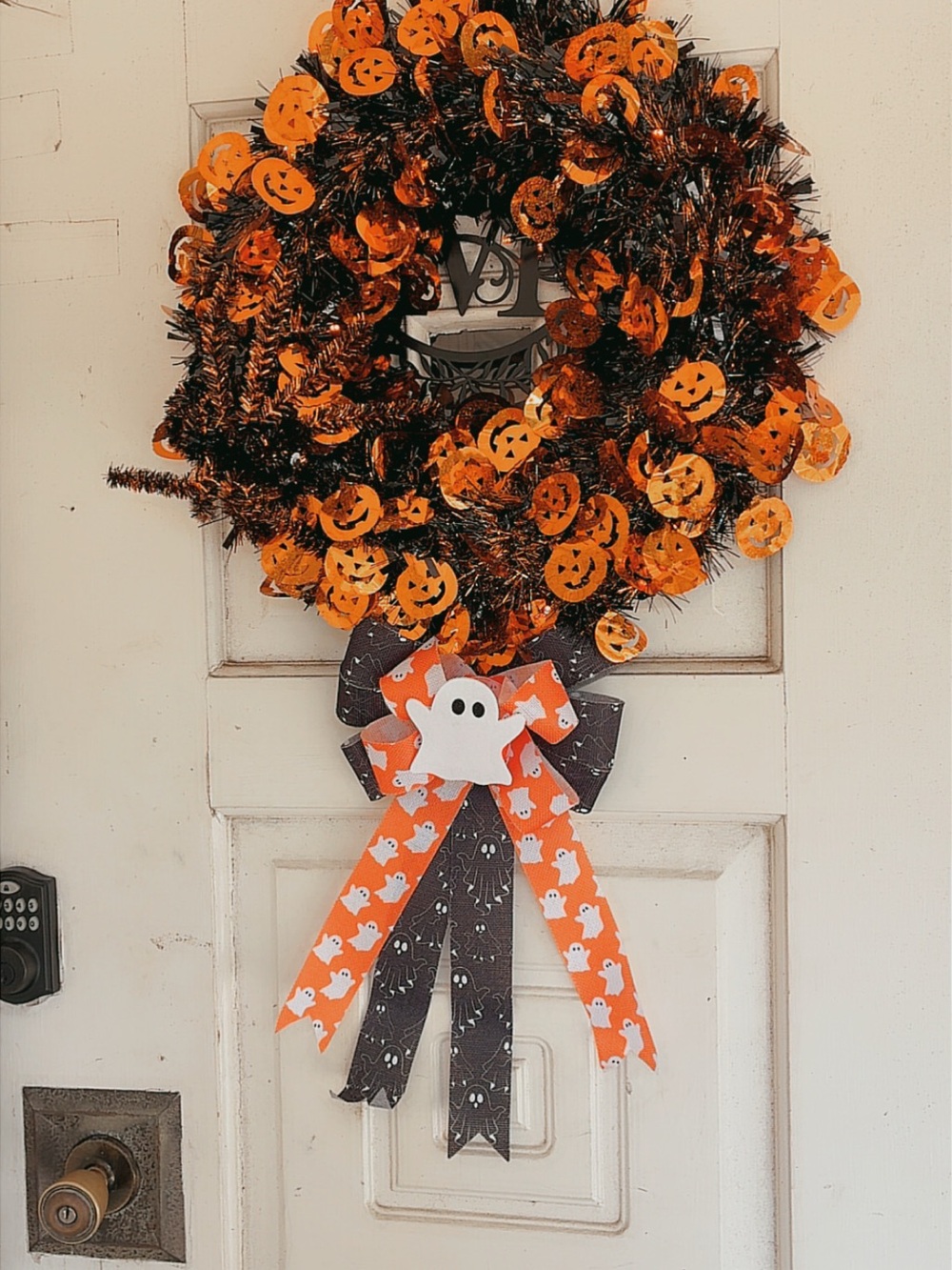 Halloween Orange & Black Pumpkin Wreath with Ghost Ribbon with Lights